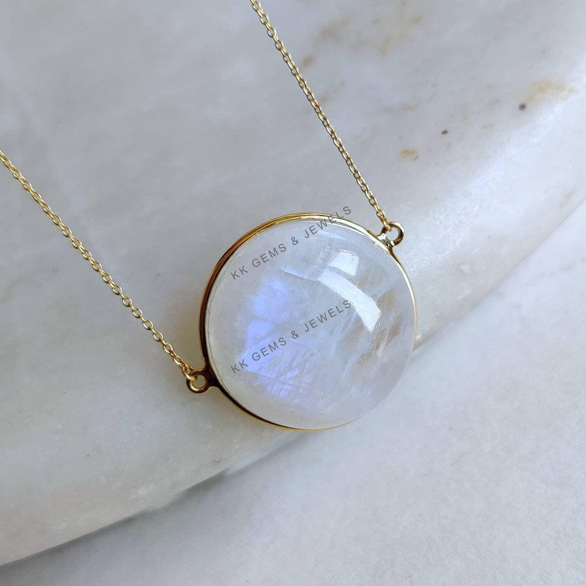 Natural Rainbow Moonstone Round Chain Necklace, 14K Solid Yellow Gold, June Birthstone