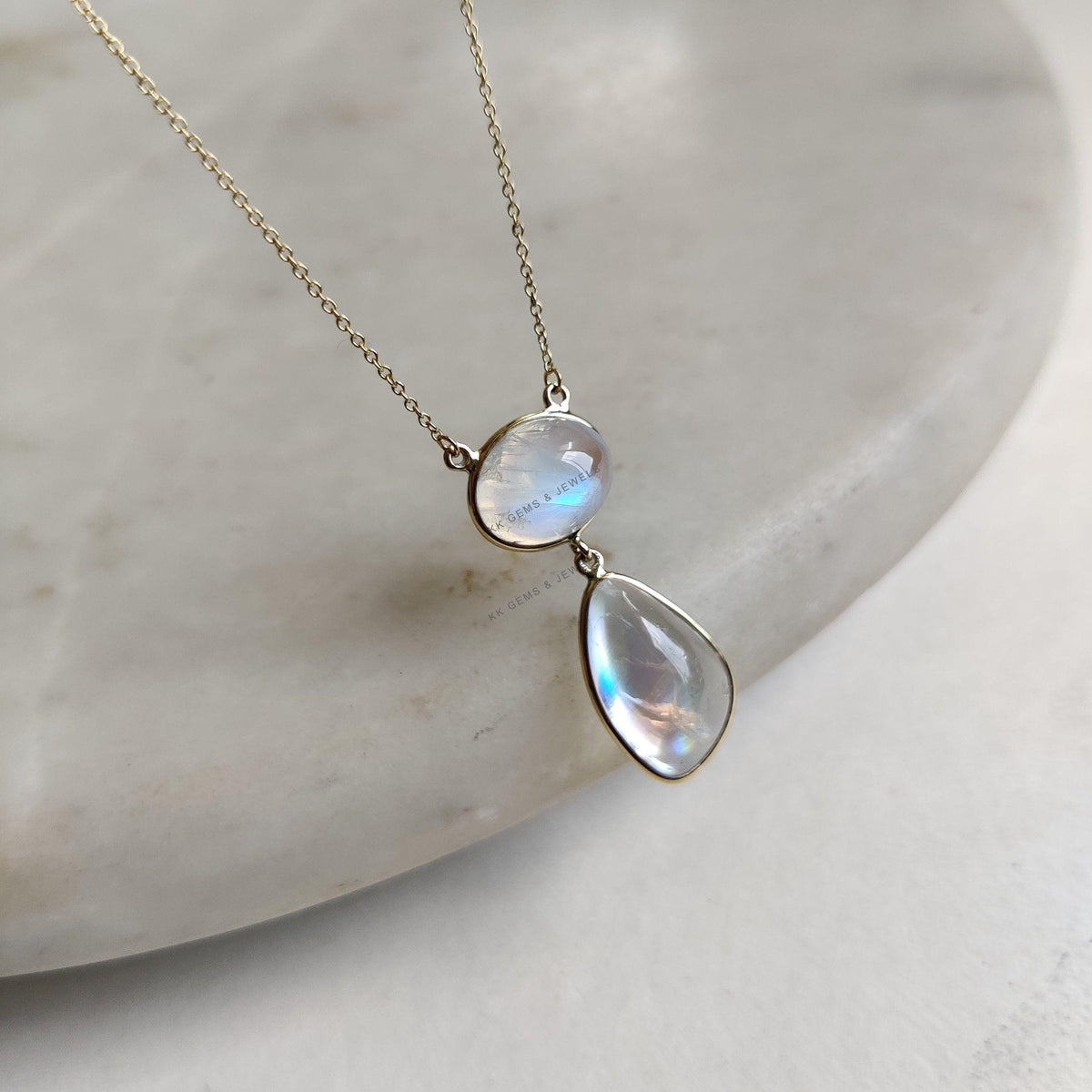 Natural Rainbow Moonstone 14K Solid Yellow Gold Chain Necklace, June Birthstone