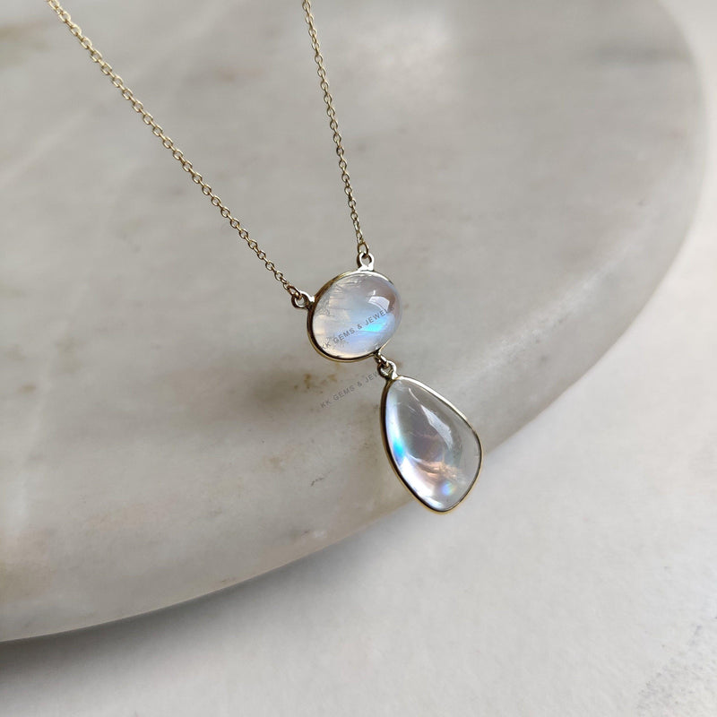 Natural Rainbow Moonstone 14K Solid Yellow Gold Chain Necklace, June Birthstone