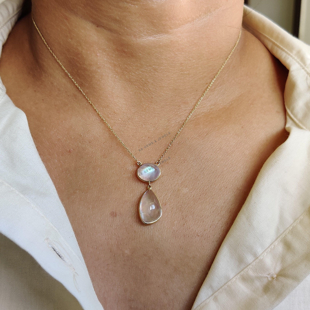 Natural Rainbow Moonstone 14K Solid Yellow Gold Chain Necklace, June Birthstone