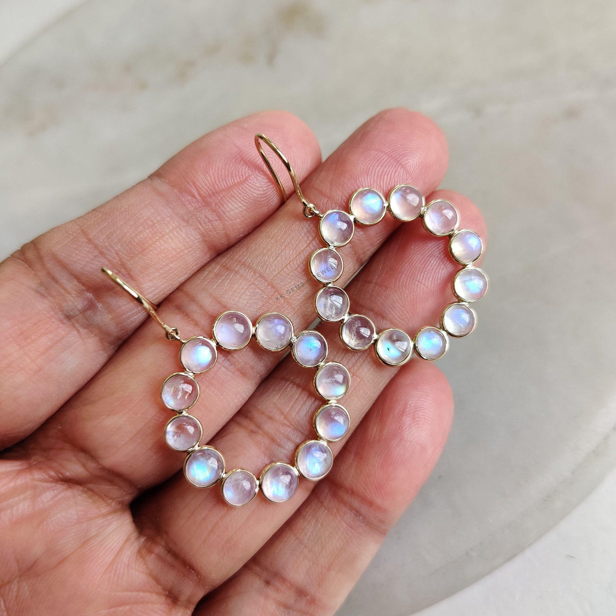 Natural Rainbow Moonstone 14K Solid Gold Bezel Earrings, June Birthstone