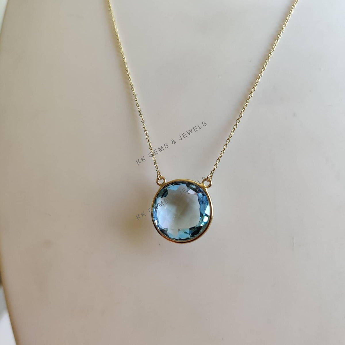 Natural Sky Blue Topaz Chain Necklace, 14K Solid Yellow Gold, December Birthstone