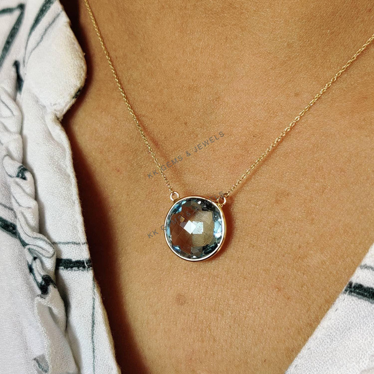 Natural Sky Blue Topaz Chain Necklace, 14K Solid Yellow Gold, December Birthstone