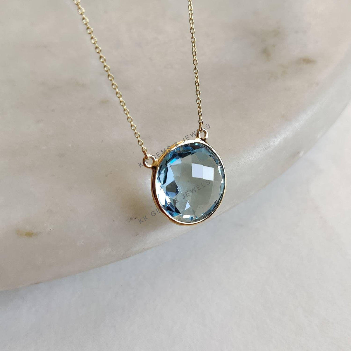 Natural Sky Blue Topaz Chain Necklace, 14K Solid Yellow Gold, December Birthstone