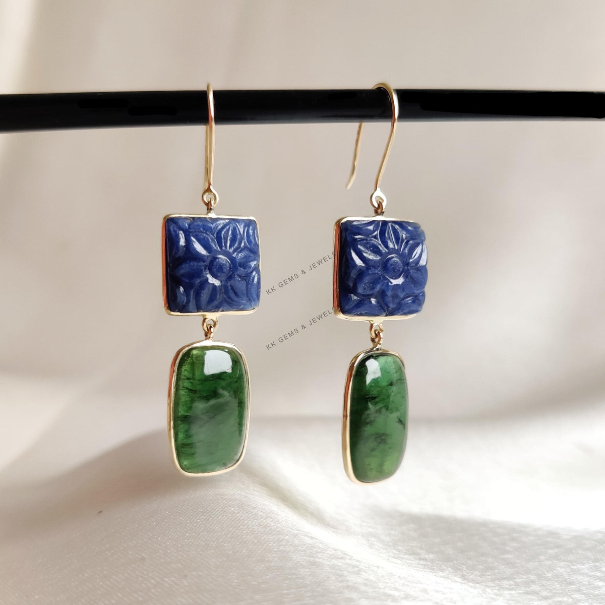 14K Solid Yellow Gold Natural Green Tourmaline &  Carving Blue Sapphire Earrings, Christmas Gift