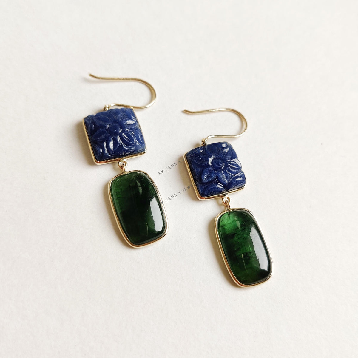 14K Solid Yellow Gold Natural Green Tourmaline &  Carving Blue Sapphire Earrings, Christmas Gift