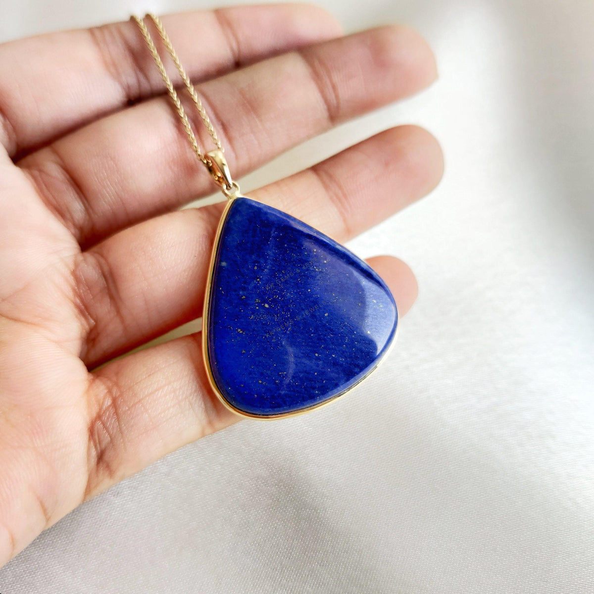 14K Solid Gold Natural Lapis Lazuli Pendant, Triangle Gemstone, September Birthstone