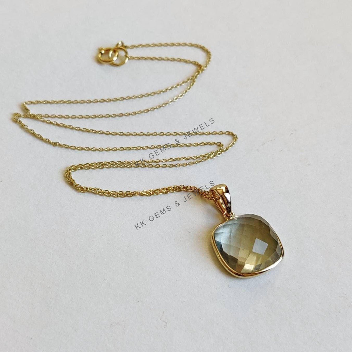 Natural Green Amethyst Pendant, 14K Solid Yellow Gold, February Birthstone