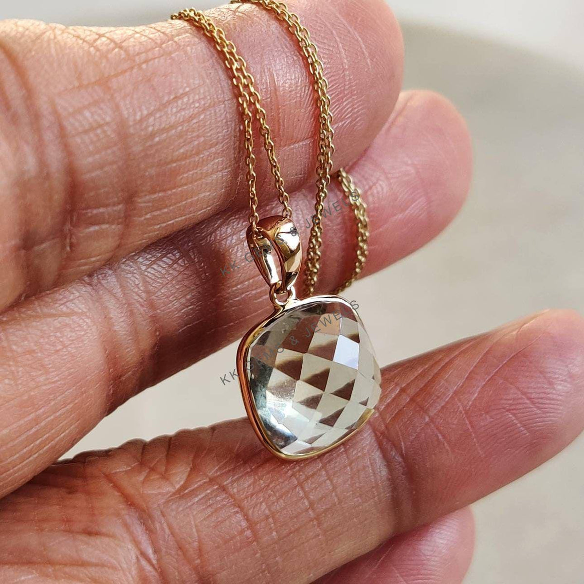 Natural Green Amethyst Pendant, 14K Solid Yellow Gold, February Birthstone