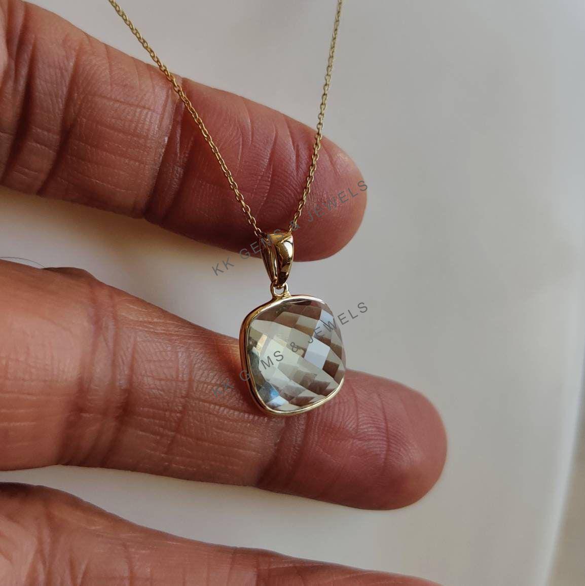 Natural Green Amethyst Pendant, 14K Solid Yellow Gold, February Birthstone