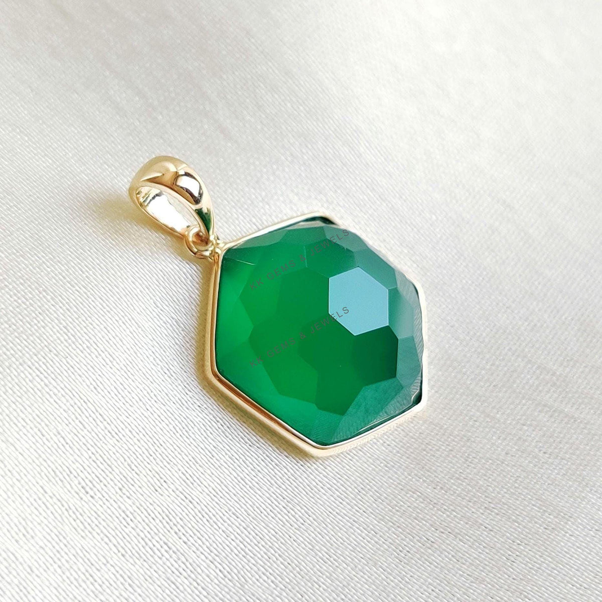14K Solid Gold Natural Green Onyx Pendant, May Birthstone Jewelry