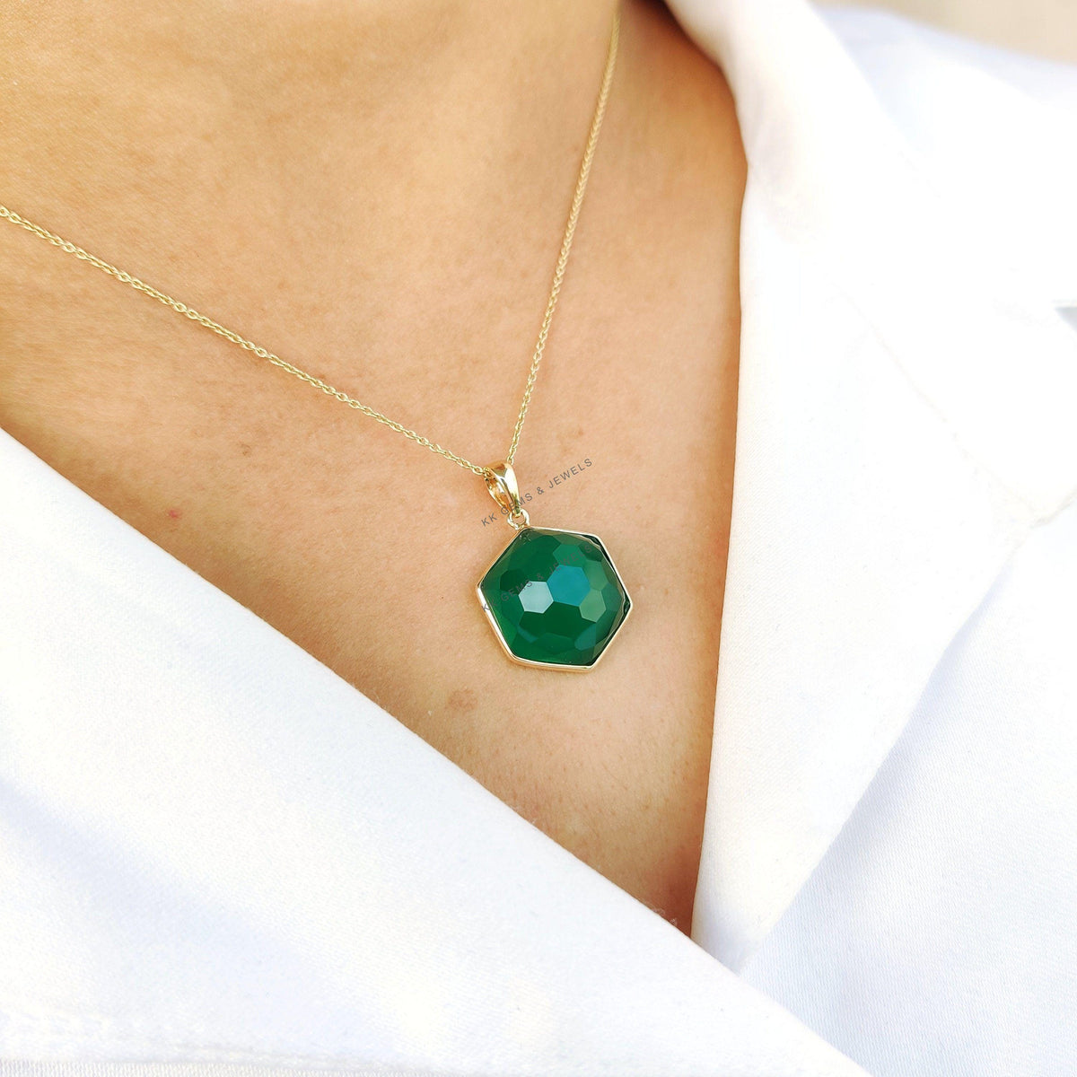 14K Solid Gold Natural Green Onyx Pendant, May Birthstone Jewelry