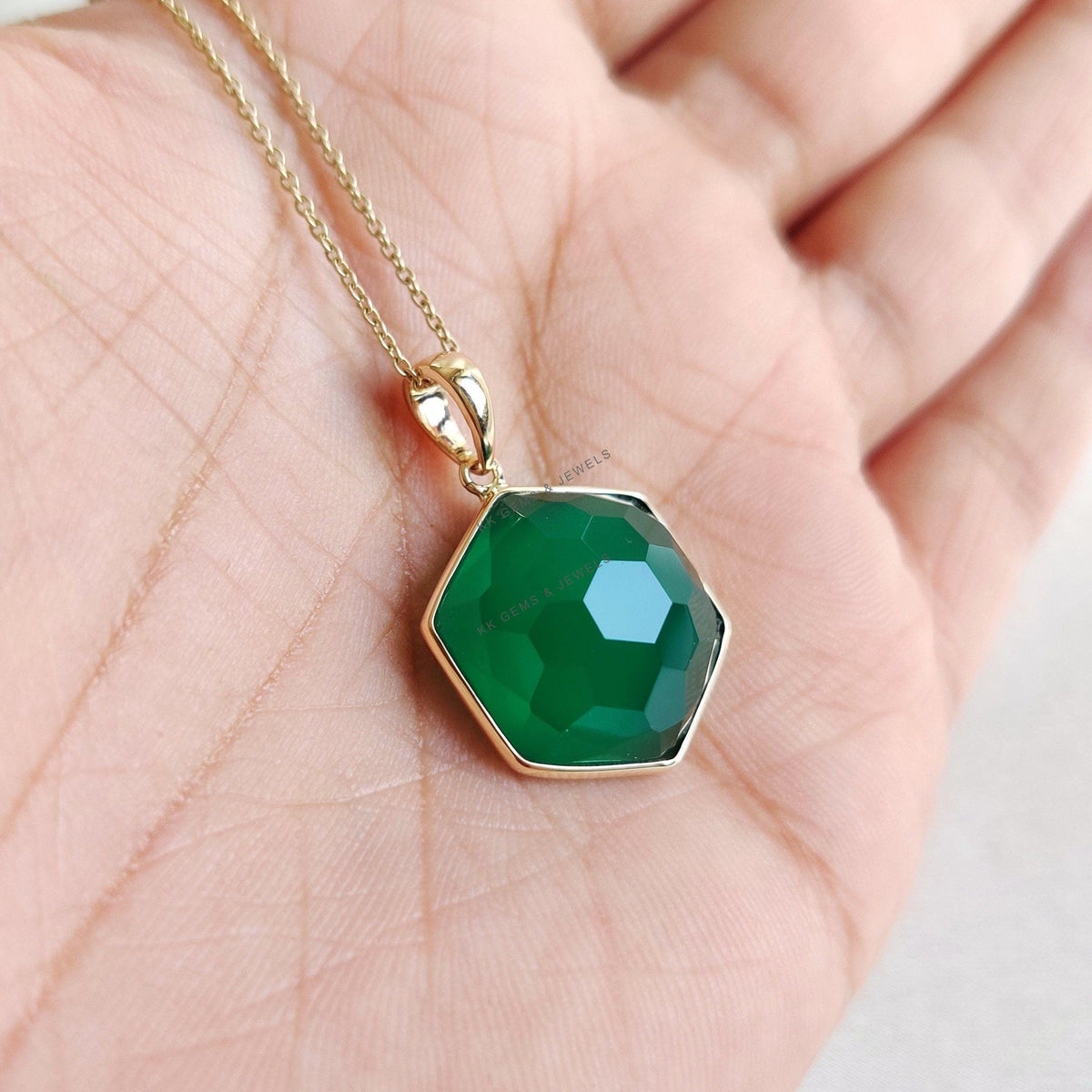 14K Solid Gold Natural Green Onyx Pendant, May Birthstone Jewelry