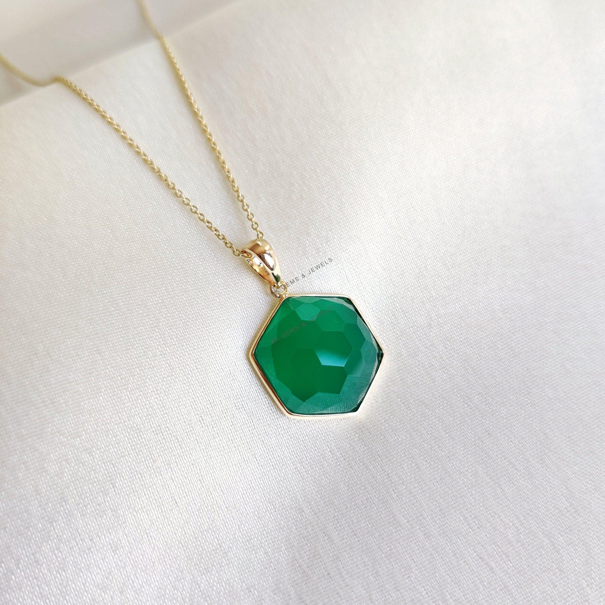 14K Solid Gold Natural Green Onyx Pendant, May Birthstone Jewelry
