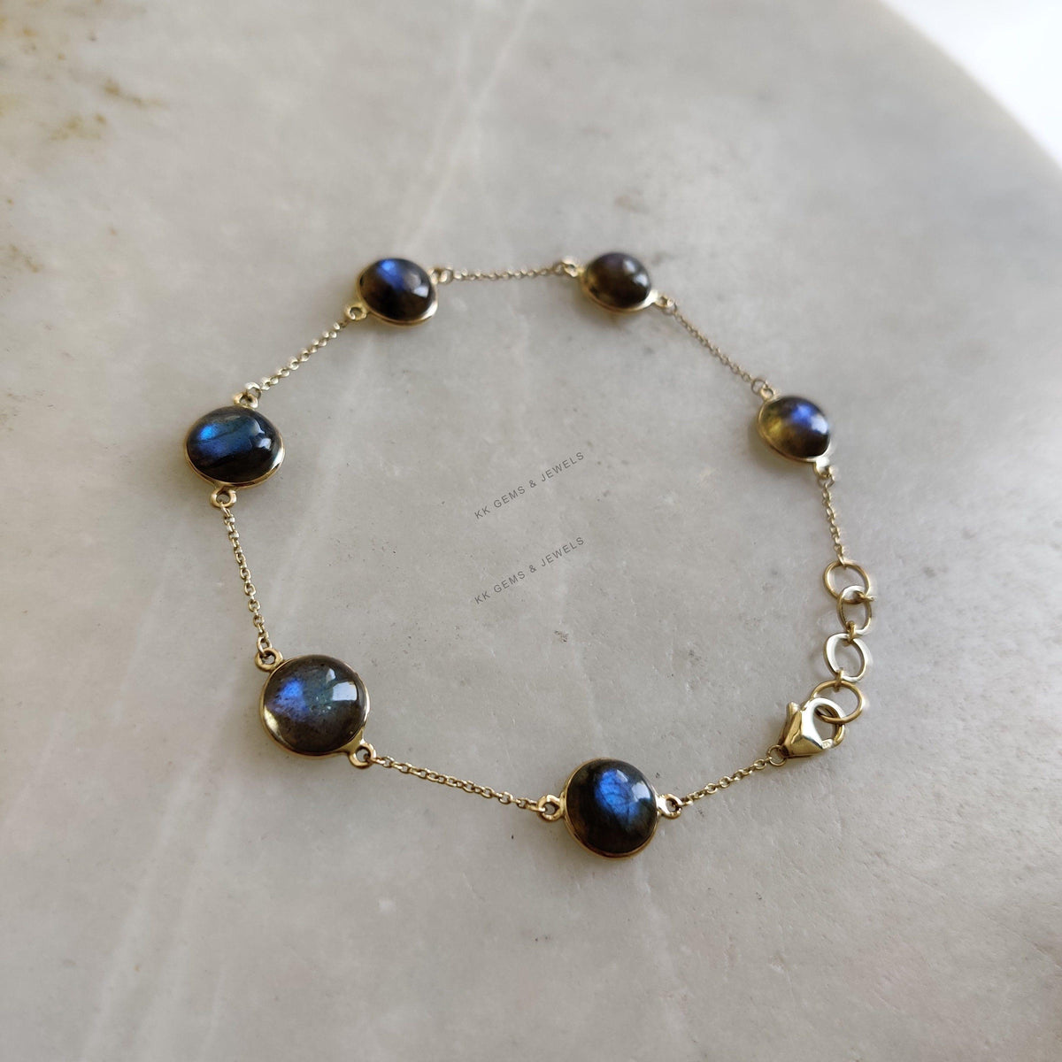 14K Solid Yellow Gold Natural Labradorite Bracelet, Gemstone Chain Bracelet