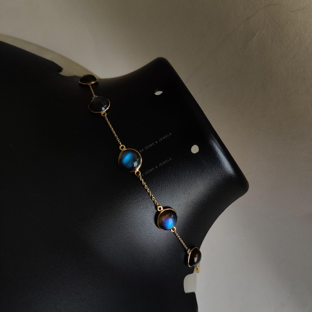 14K Solid Yellow Gold Natural Labradorite Bracelet, Gemstone Chain Bracelet