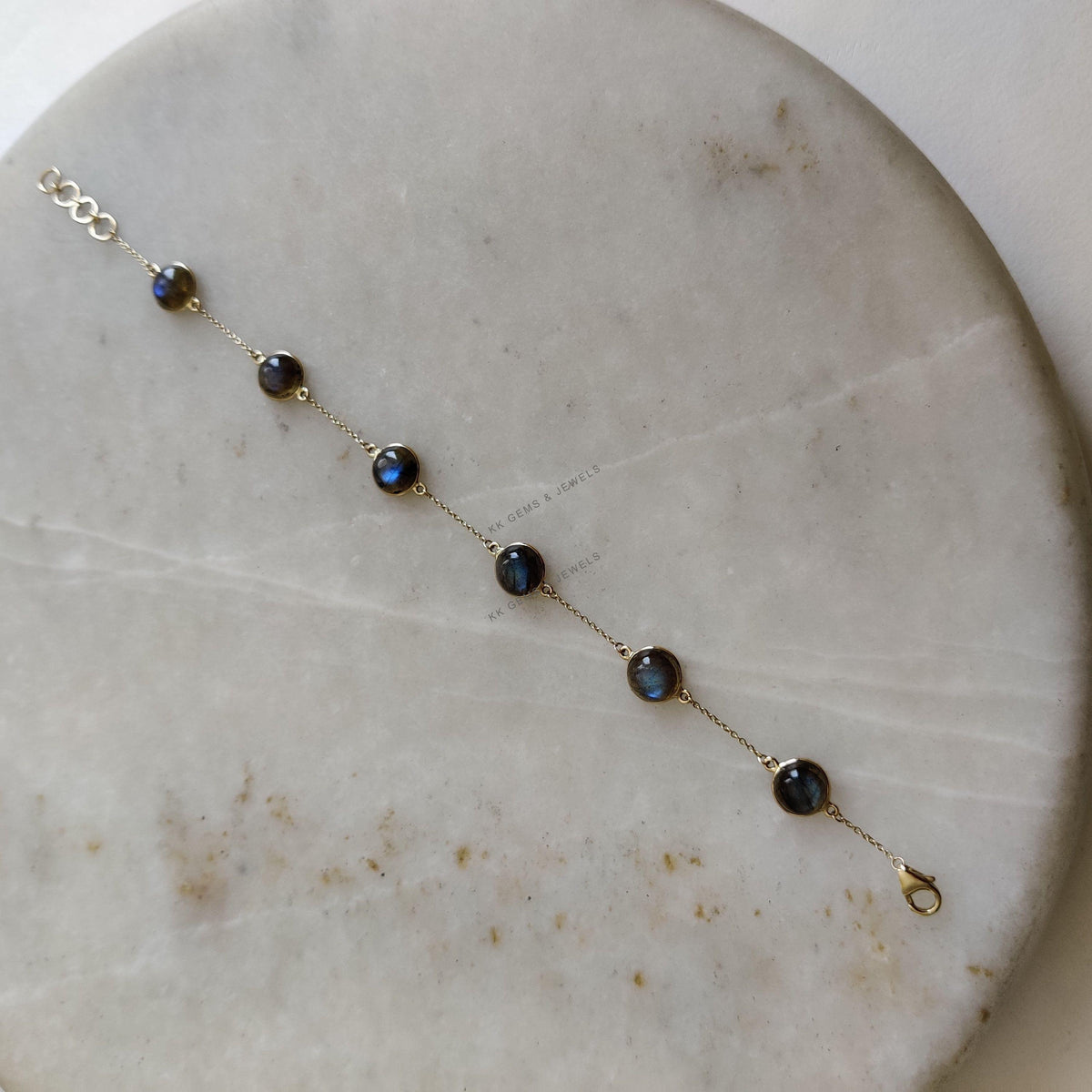 14K Solid Yellow Gold Natural Labradorite Bracelet, Gemstone Chain Bracelet