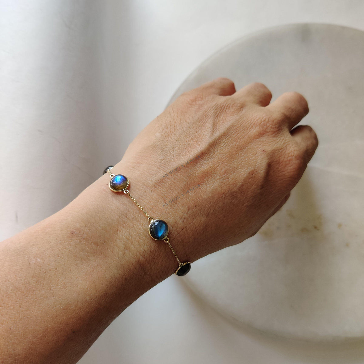 14K Solid Yellow Gold Natural Labradorite Bracelet, Gemstone Chain Bracelet