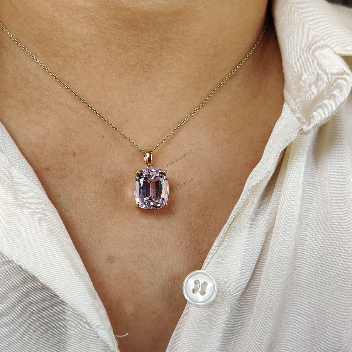Natural Kunzite Pendant, 14K Solid Yellow Gold, February Birthstone