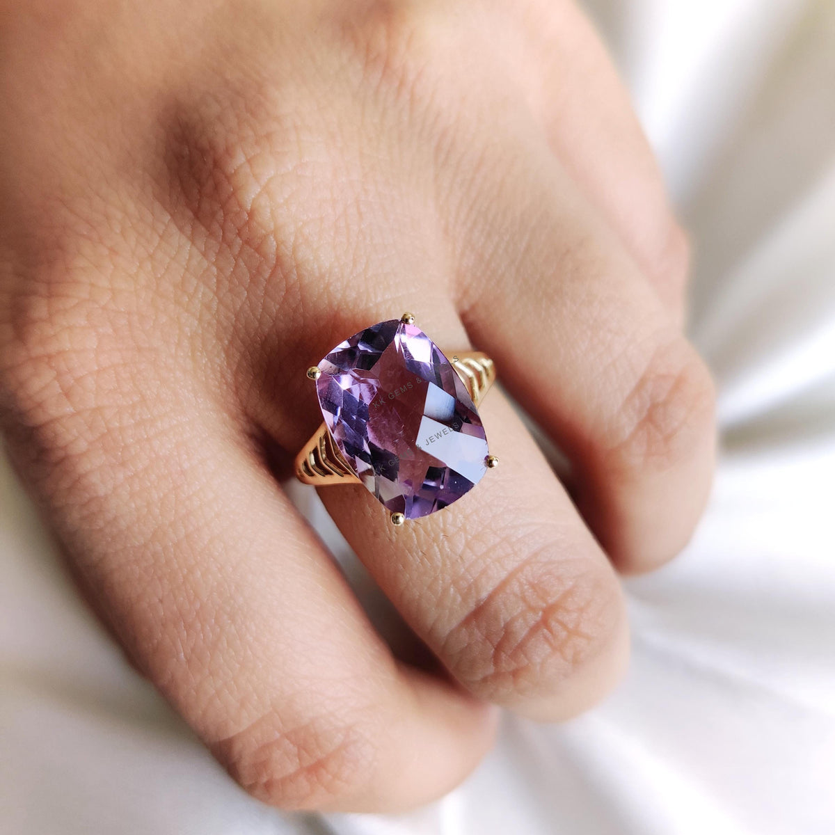 14K Solid Yellow Gold Natural Purple Amethyst Ring, Rectangle Briolette Cut, February Birthstone