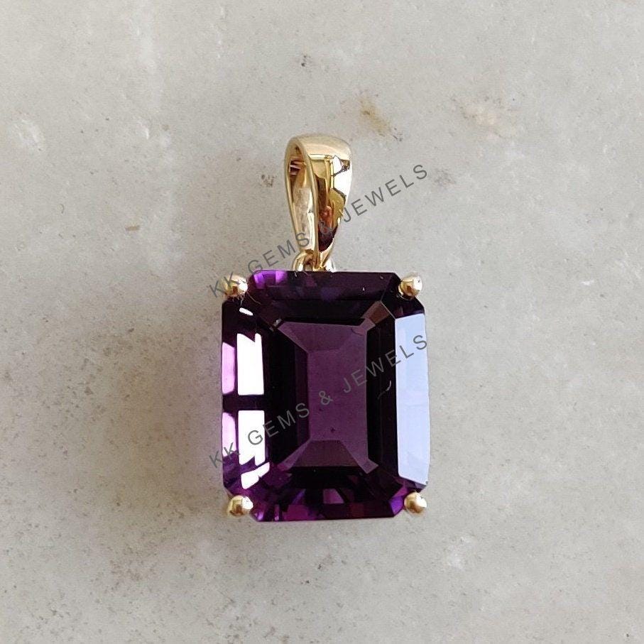 Natural Purple Amethyst Octagon Pendant, 14K Solid Yellow Gold, February Birthstone