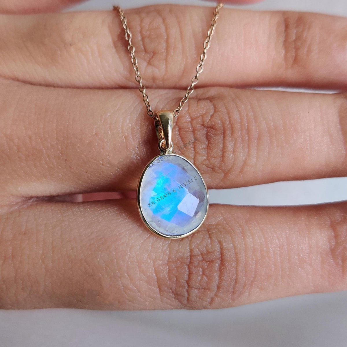 Natural Rainbow Moonstone Pendant, 14K Solid Yellow Gold Bezel Pendant, June Birthstone