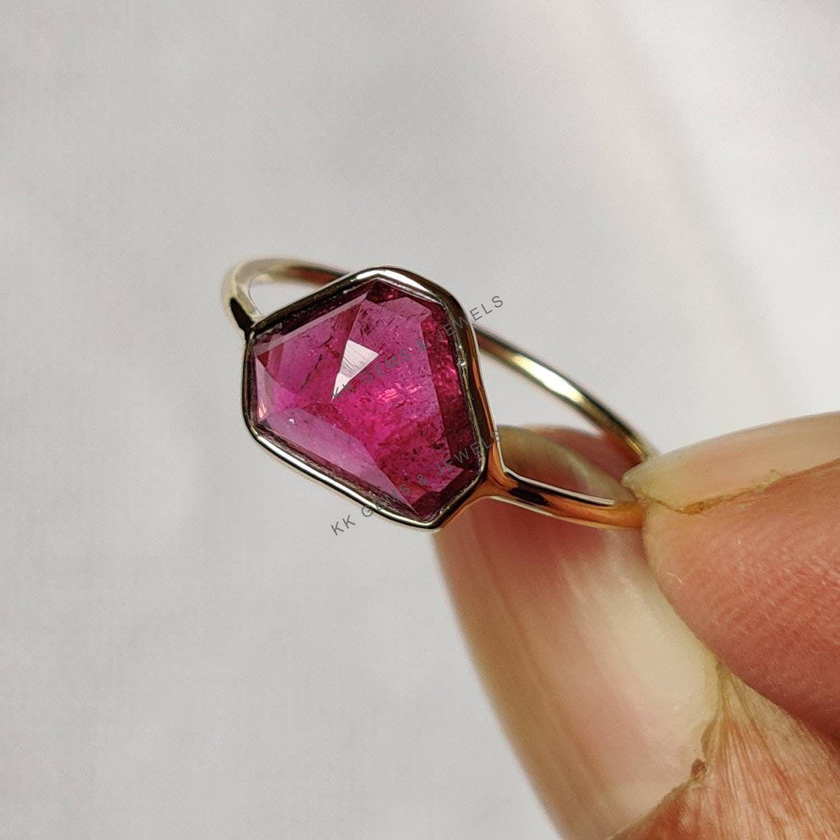 14K Solid Yellow Gold Natural Pink Tourmaline Ring, Fancy Gemstone Bezel Ring
