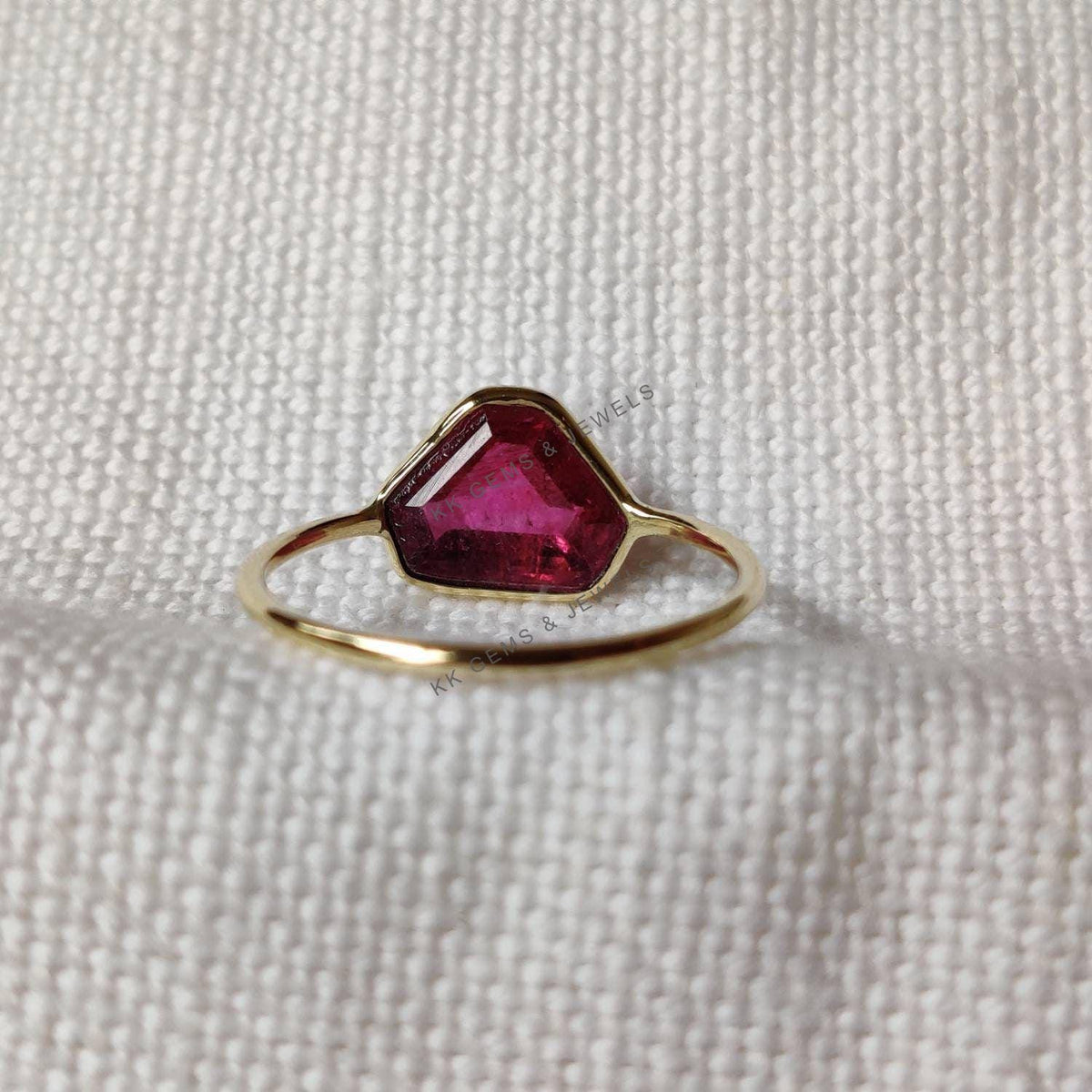 14K Solid Yellow Gold Natural Pink Tourmaline Ring, Fancy Gemstone Bezel Ring