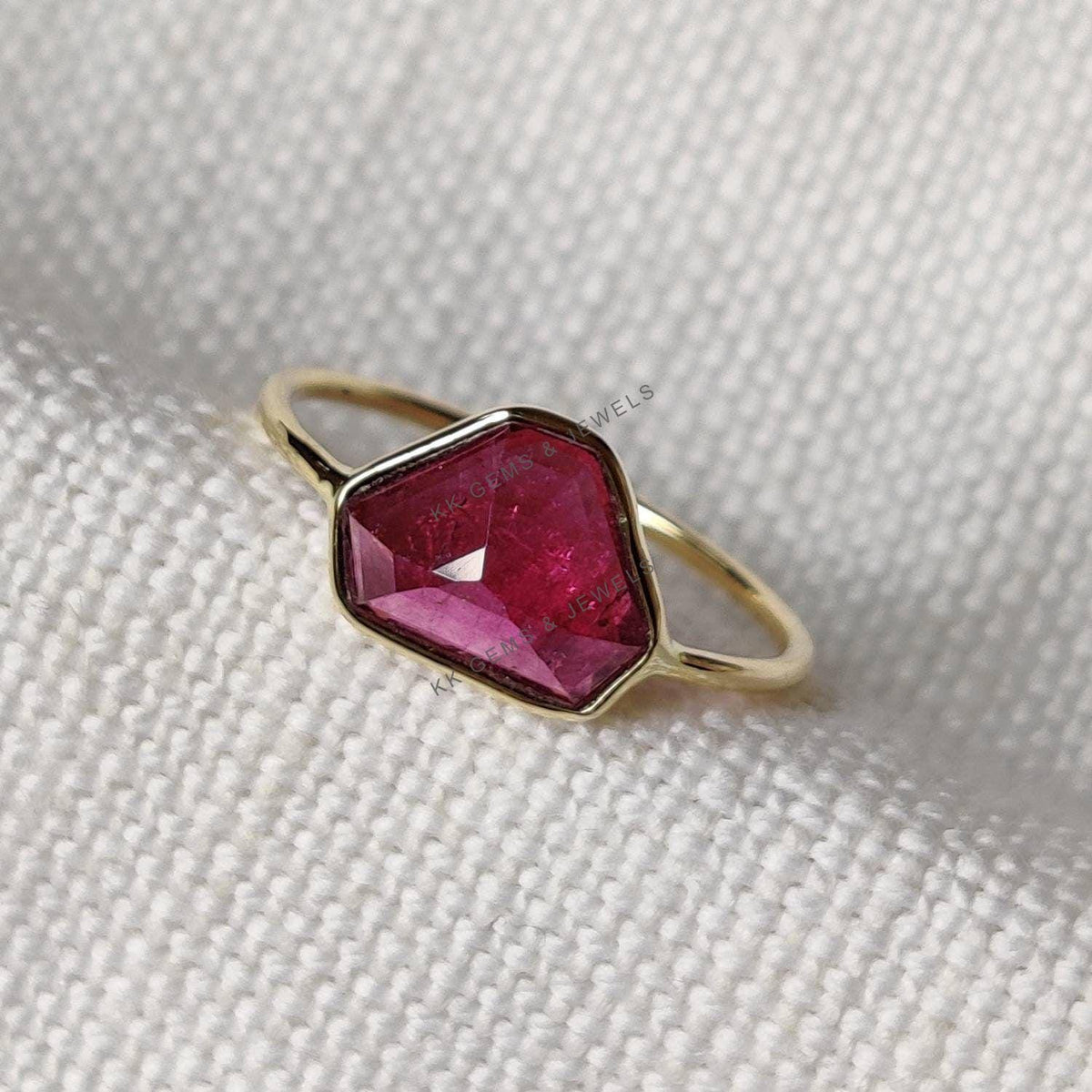 14K Solid Yellow Gold Natural Pink Tourmaline Ring, Fancy Gemstone Bezel Ring