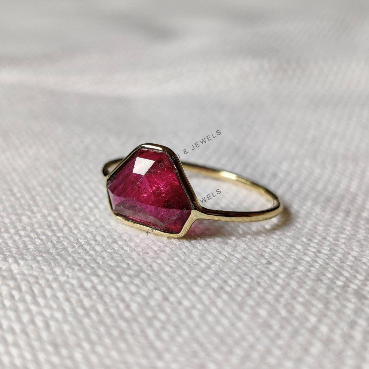 14K Solid Yellow Gold Natural Pink Tourmaline Ring, Fancy Gemstone Bezel Ring