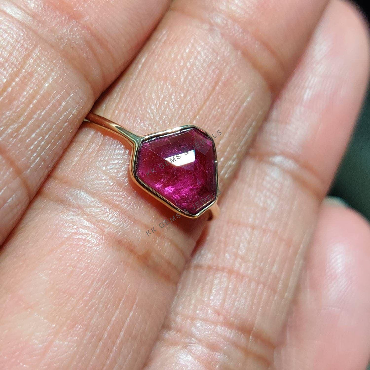 14K Solid Yellow Gold Natural Pink Tourmaline Ring, Fancy Gemstone Bezel Ring