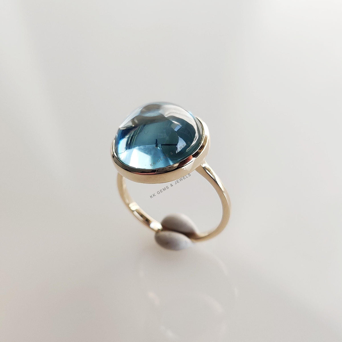 Natural Sky Blue Topaz Ring, 14K Solid Yellow Gold, Round Cabochon Handmade Jewelry