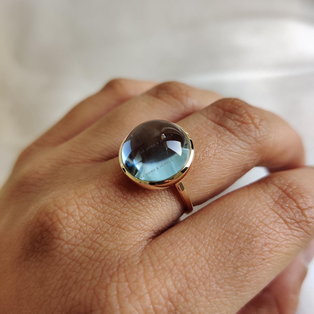 Natural Sky Blue Topaz Ring, 14K Solid Yellow Gold, Round Cabochon Handmade Jewelry