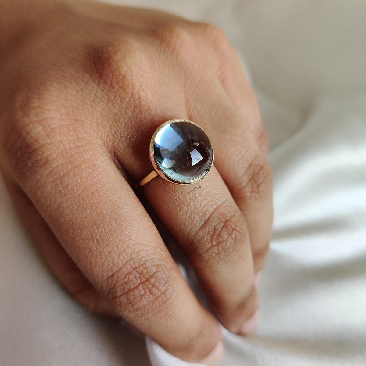 Natural Sky Blue Topaz Ring, 14K Solid Yellow Gold, Round Cabochon Handmade Jewelry