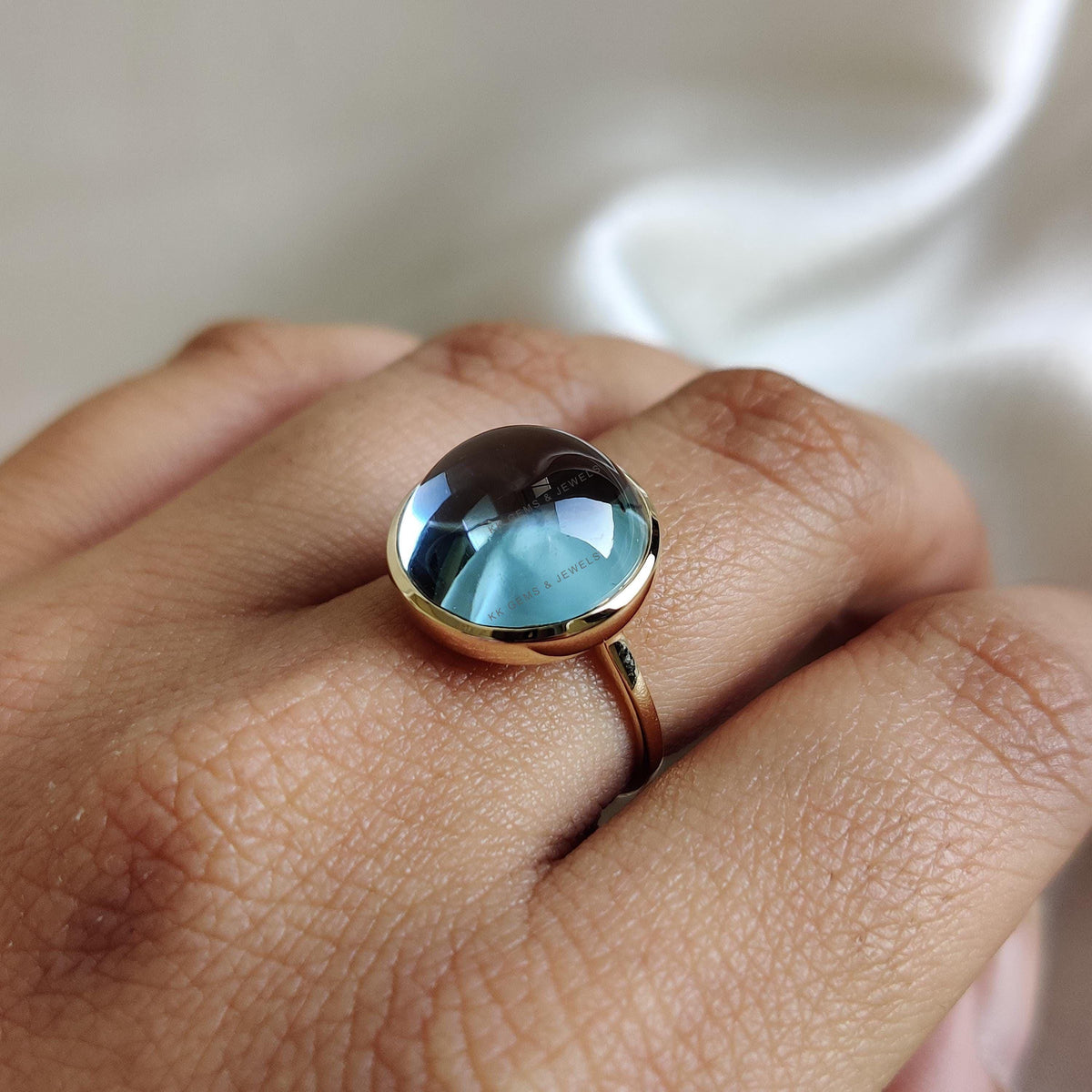 Natural Sky Blue Topaz Ring, 14K Solid Yellow Gold, Round Cabochon Handmade Jewelry