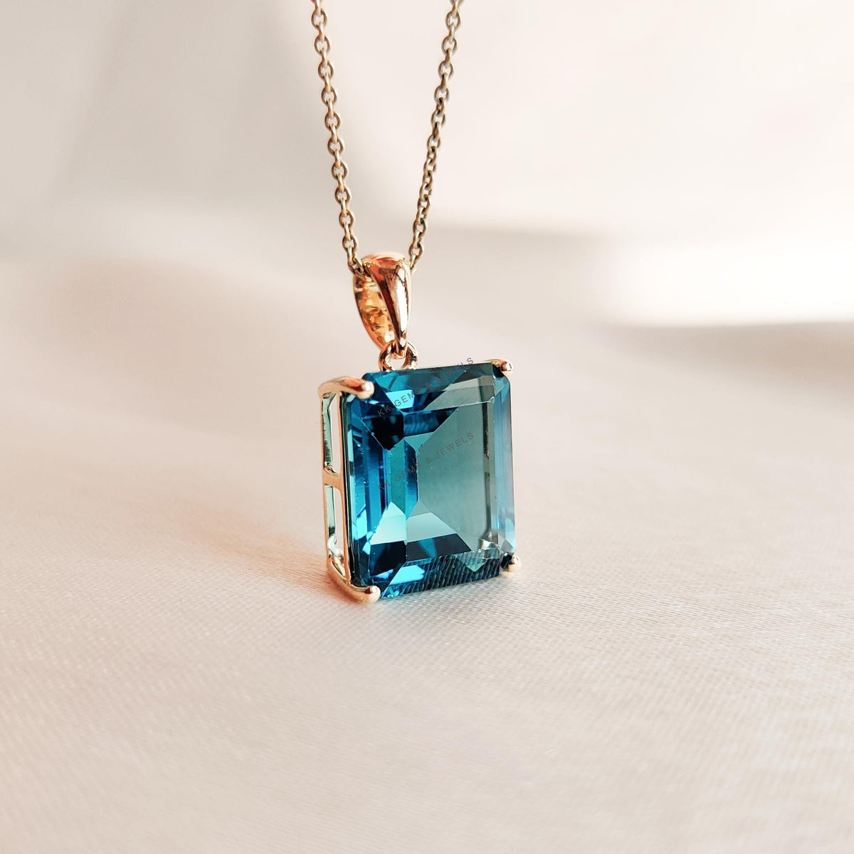 Natural London Blue Topaz Pendant, 14K Solid Yellow Gold, December Birthstone