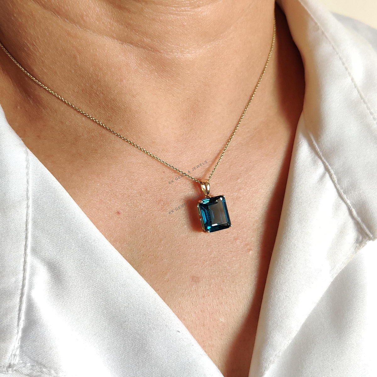 Natural London Blue Topaz Pendant, 14K Solid Yellow Gold, December Birthstone