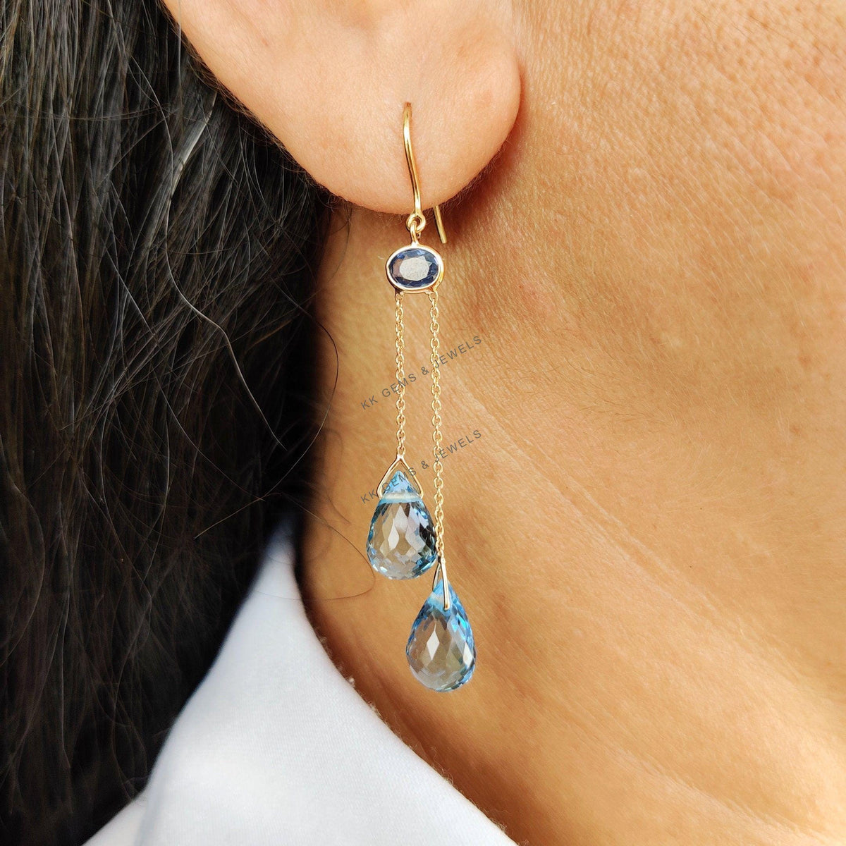 14K Solid Gold Natural Blue Sapphire & Topaz Drop Earrings, September December Birthstone