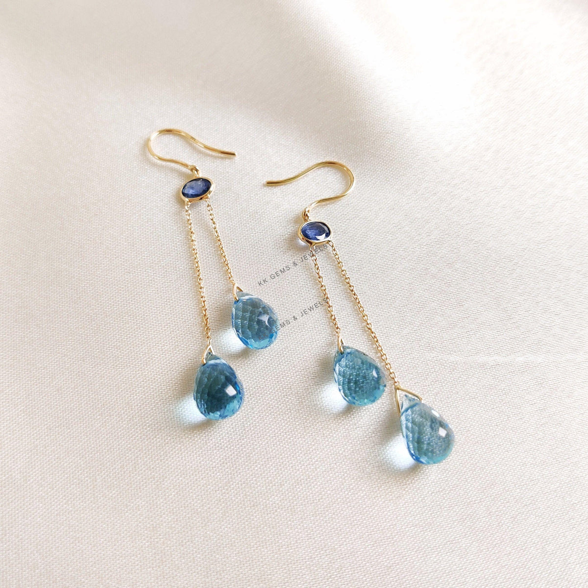 14K Solid Gold Natural Blue Sapphire & Topaz Drop Earrings, September December Birthstone
