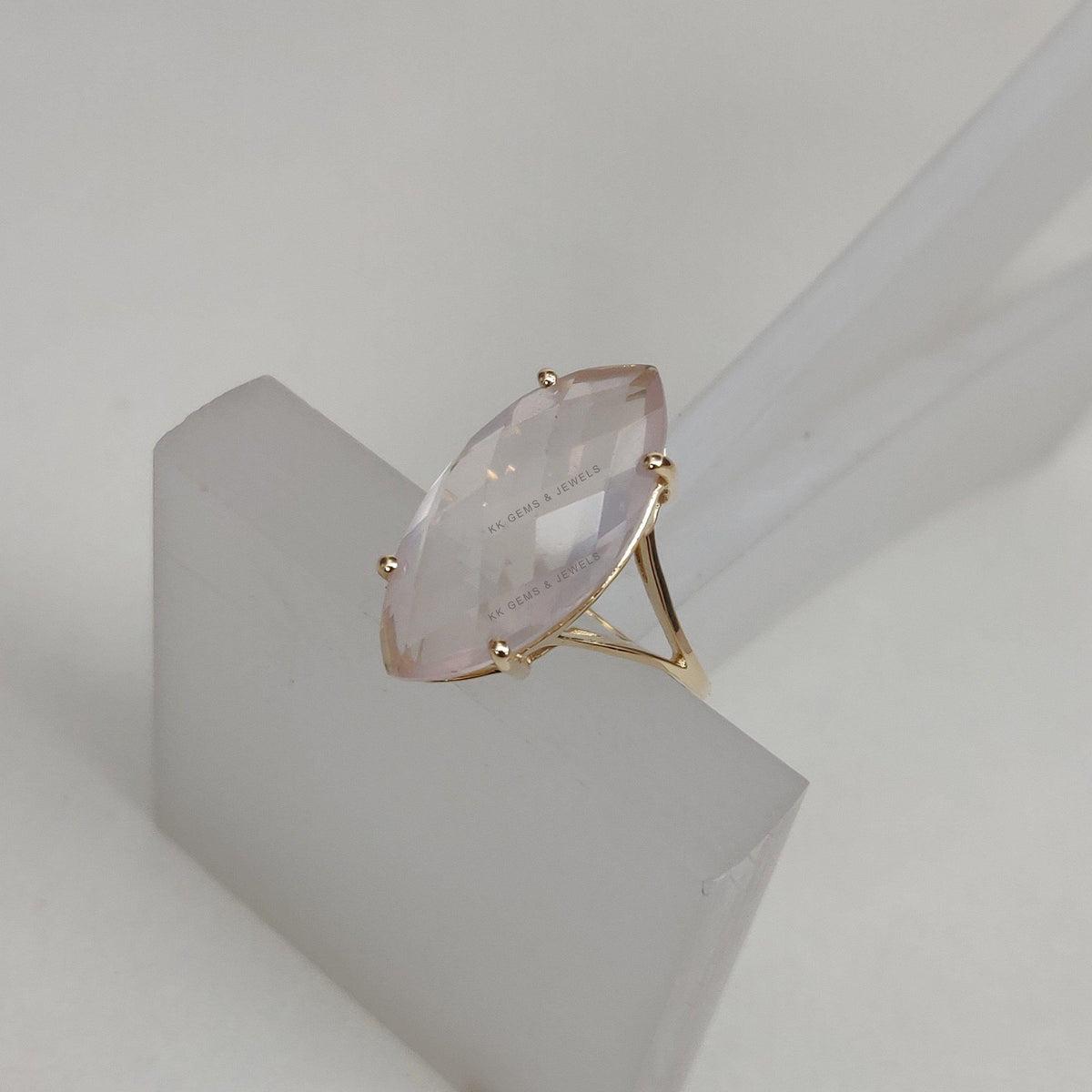 14K Solid Gold Natural Rose Quartz Ring, Marquise Gemstone