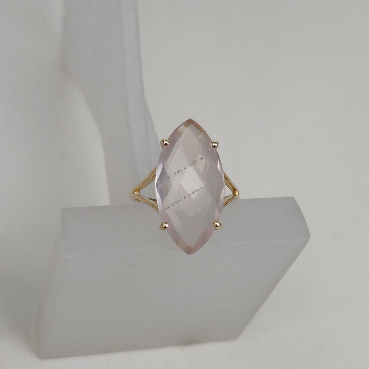 14K Solid Gold Natural Rose Quartz Ring, Marquise Gemstone