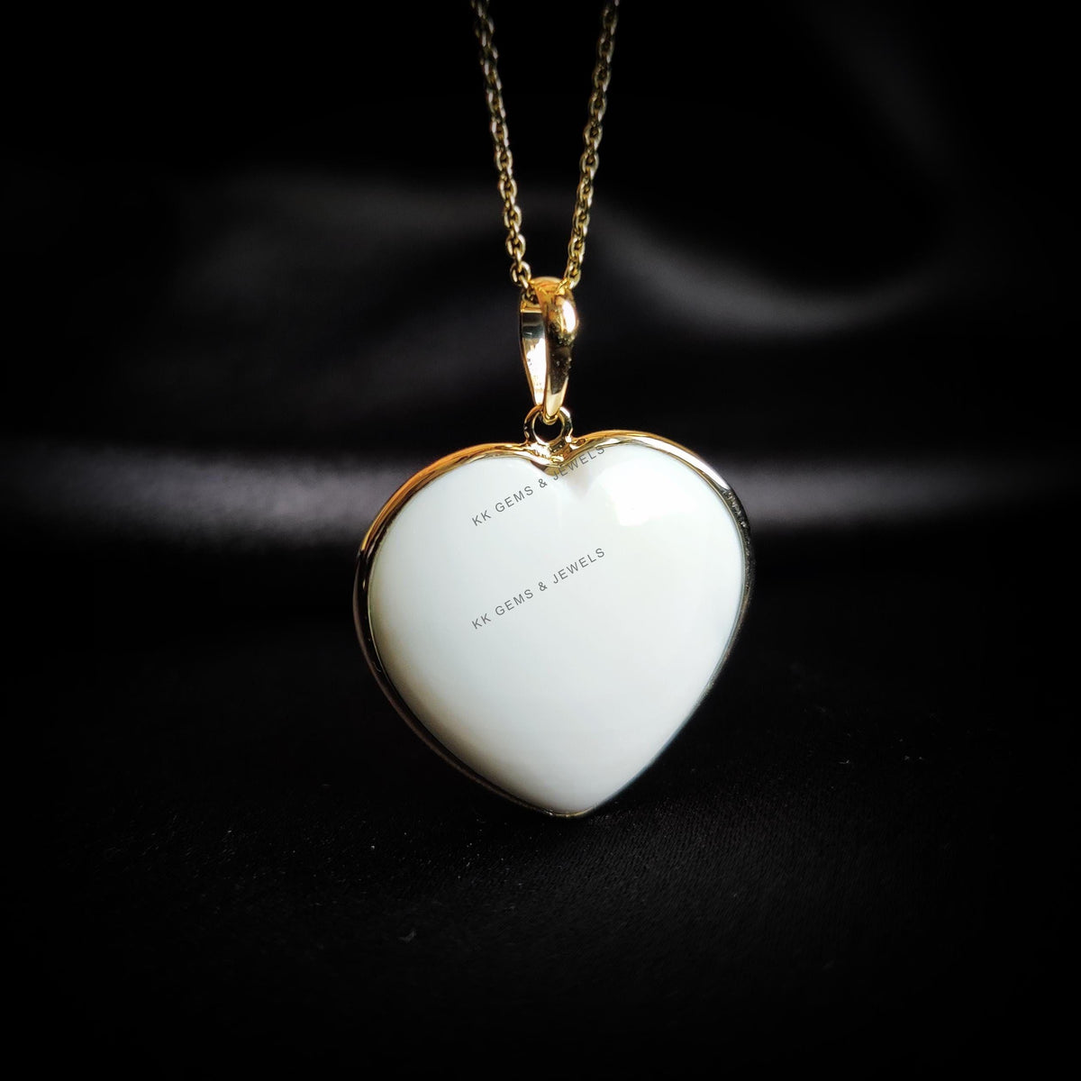 14K Solid Yellow Gold Natural White Opal Heart Bezel Pendant, October Birthstone