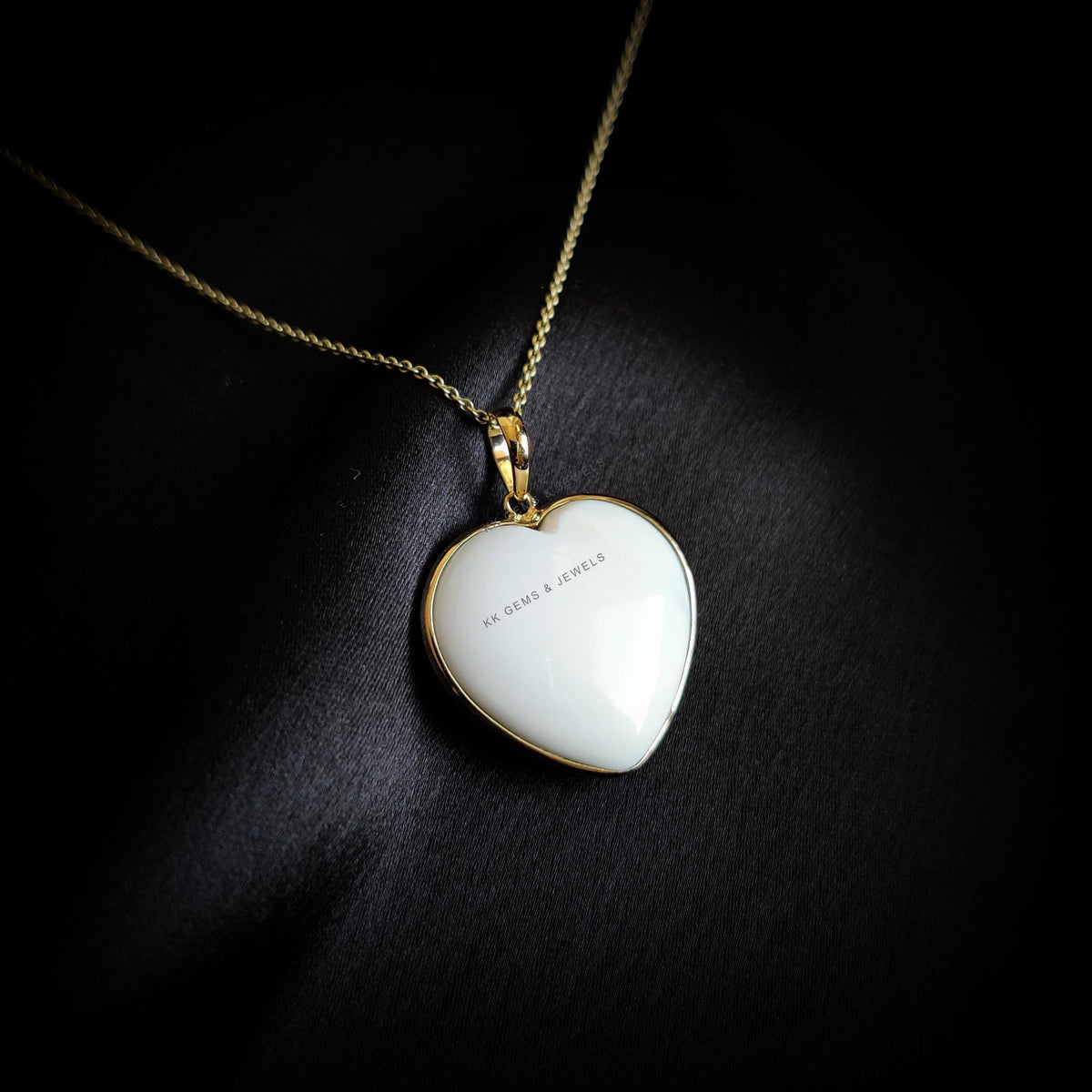 14K Solid Yellow Gold Natural White Opal Heart Bezel Pendant, October Birthstone