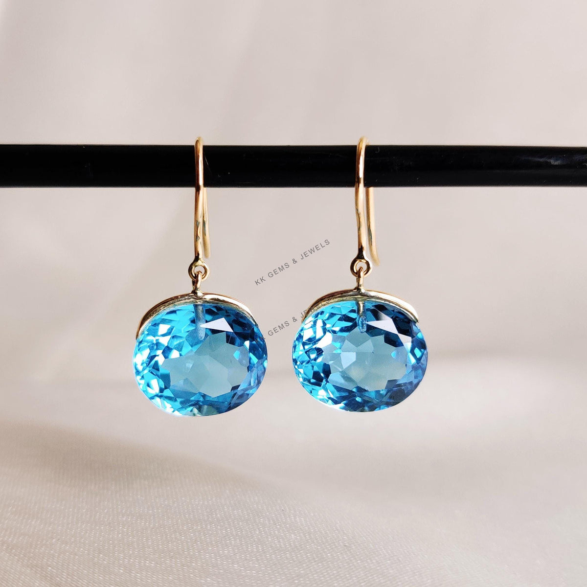 Natural Swiss Blue Topaz Earrings, 14K Solid Yellow Gold, December Birthstone