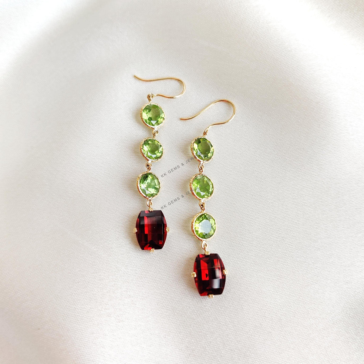 14K Solid Gold Natural Peridot & Garnet Bezel Danglers , Birthstone Jewelry