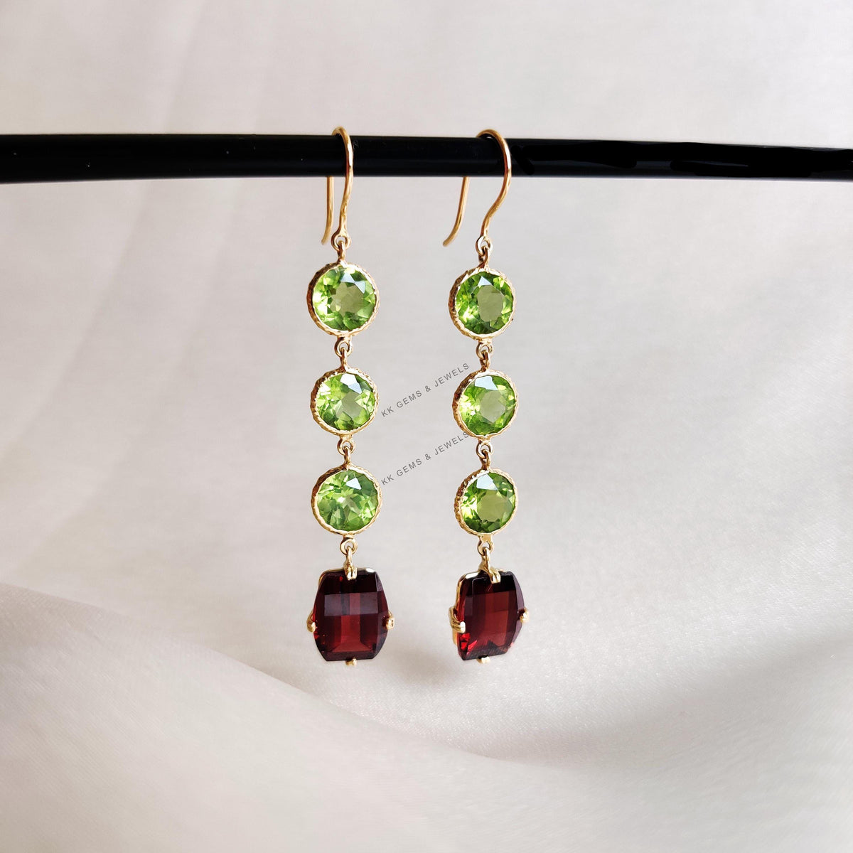 14K Solid Gold Natural Peridot & Garnet Bezel Danglers , Birthstone Jewelry