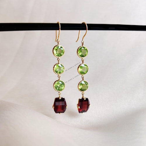 14K Solid Gold Natural Peridot & Garnet Bezel Danglers , Birthstone Jewelry