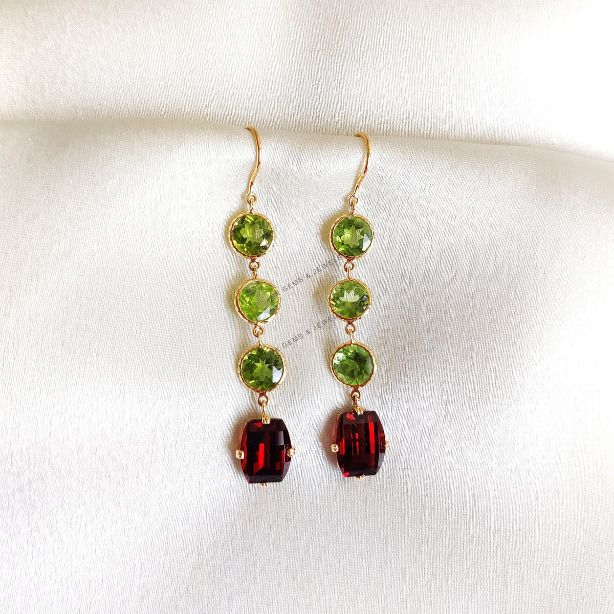 14K Solid Gold Natural Peridot & Garnet Bezel Danglers , Birthstone Jewelry