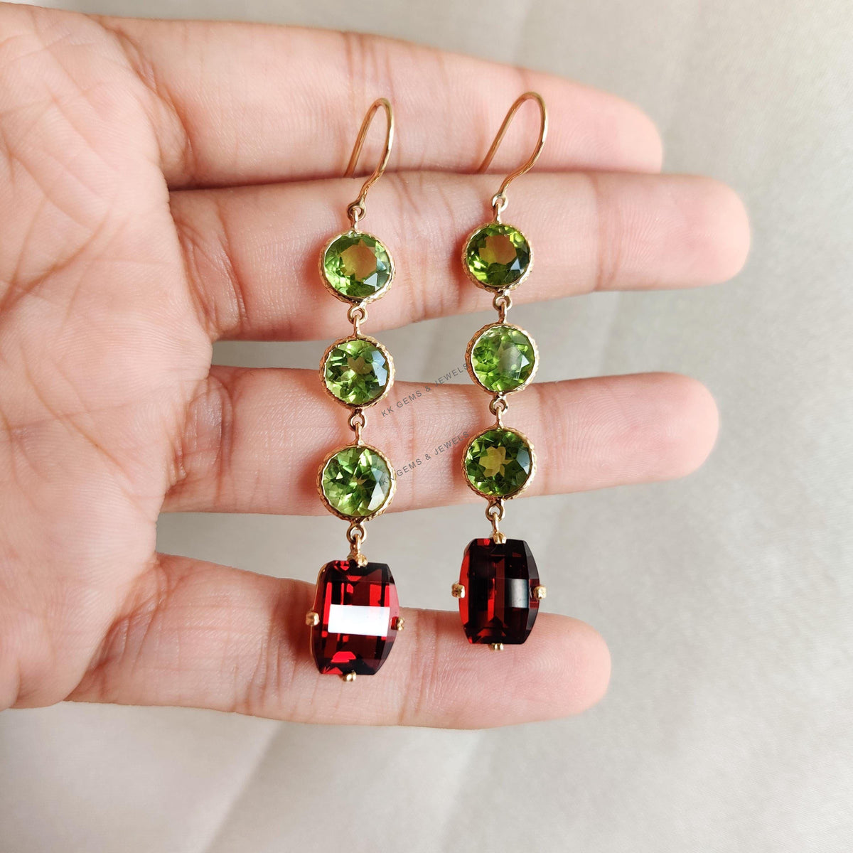 14K Solid Gold Natural Peridot & Garnet Bezel Danglers , Birthstone Jewelry