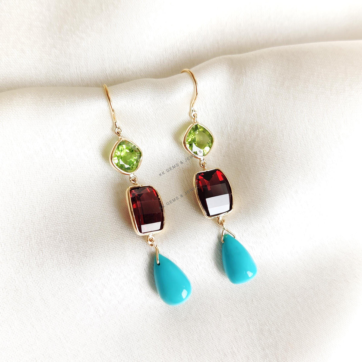 14K Solid Yellow Gold Natural Turquoise & Garnet and Peridot Bezel Danglers